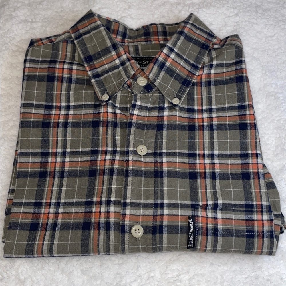 Field & Stream Men's Casual Plaid Shirt. Black, White, Orange. Light Flannel LG
